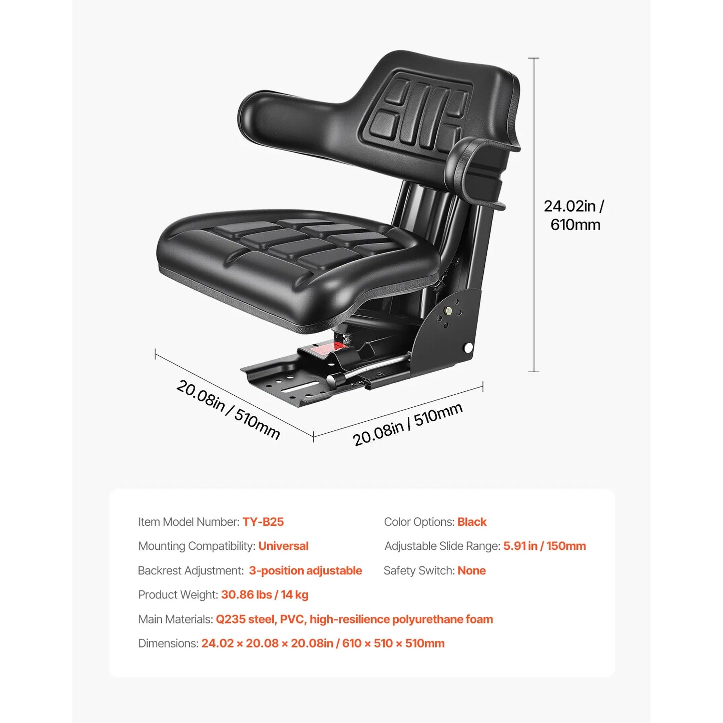 SucceBuy Universal Forklift Seat Wrap Around Adjustable Suspension Seat with Tilt Fits for John Deere Ford Ferguson New Holland