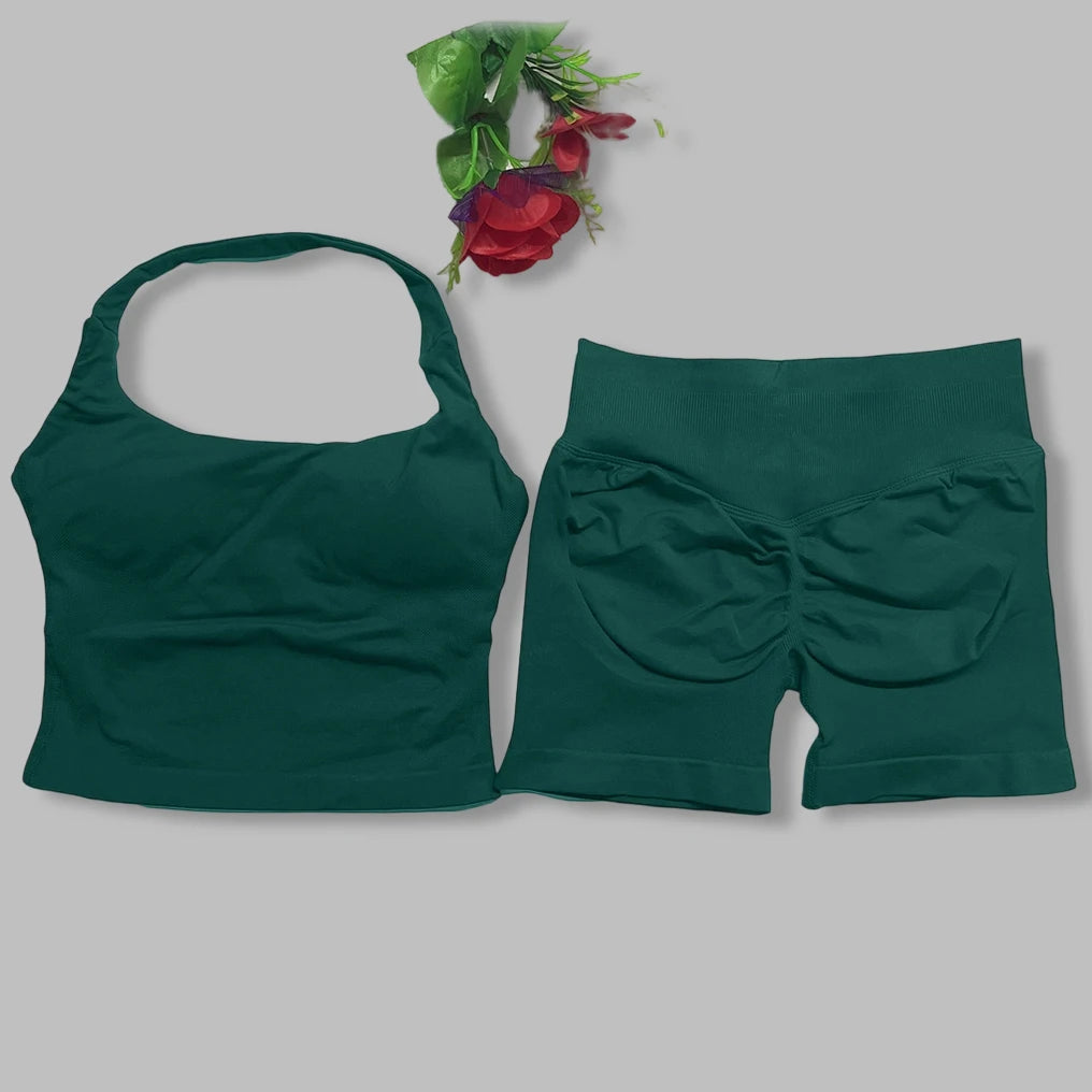 yoga outfits Women 2 pcs Sports DF Impact Set halterneck Backless Halter Top Seamless Scrunch Shorts Gym Workout Sports Suits
