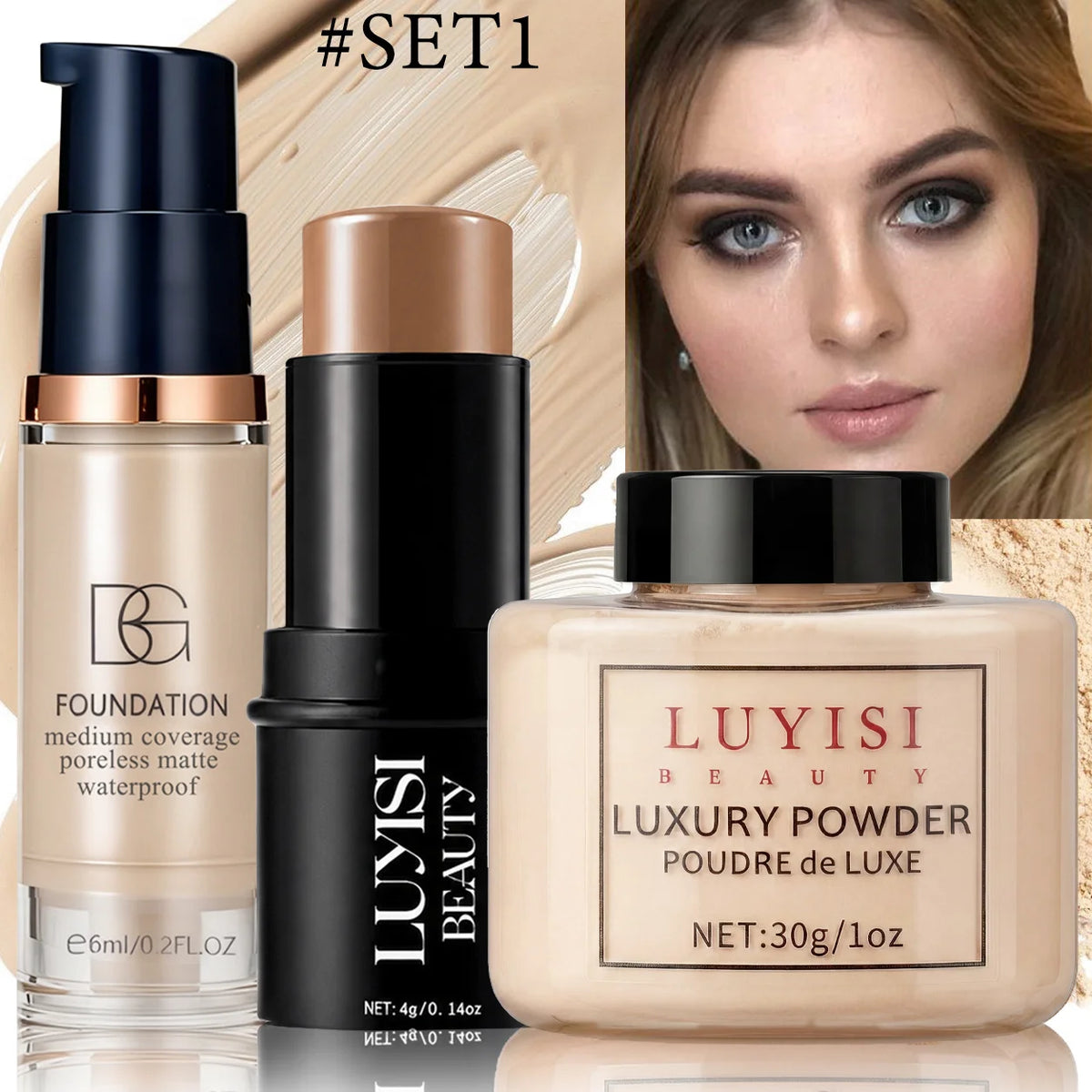 Facial Makeup Set:1PC Matte Foundation+1PC Contouring Stick+1PC Oil-Control Powder,Full Coverage,Waterproof And Sweatproof.