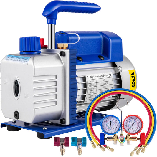 VEVOR 3CFM 84 L/M 1-Stage Refrigerant Vacuum Pump Refrigeration Gauges A/C Air Conditioning 1440 RPM 1/4 HP 3 pcs hoses 800 PSI