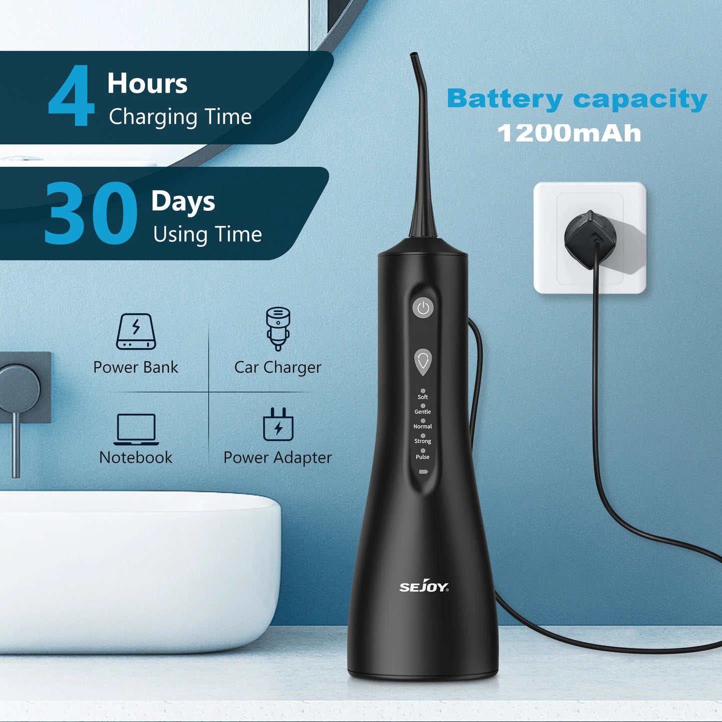 Sejoy Electric Water Flossers Oral Irrigator Rechargeable Portable Dental 5 Modes Water Tank Teeth 300ML Waterproof Cleaner