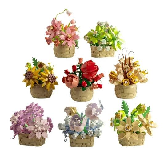 DIY Potted Plant Building Blocks Set - Rose Sunflower Succulents Bonsai Tree Romantic Garden Kids Model Bricks Toy Kit