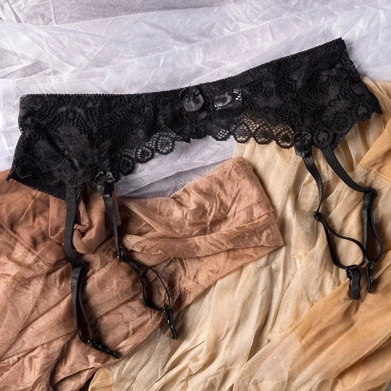 Women Socks Clips Lace Transparent Suspender Belt Adjustable Buckles Low Rise Garter Belt Pole Dance Elastic Underwear Clubwear