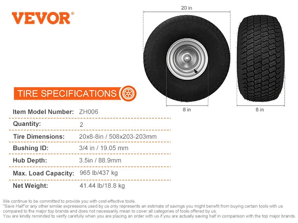 SucceBuy Lawn Mower Tires with Rim Tubeless Tractor Tires 2Pack Tire Wheel Assembly Pneumatic Tires for Riding Mower LawnTractor