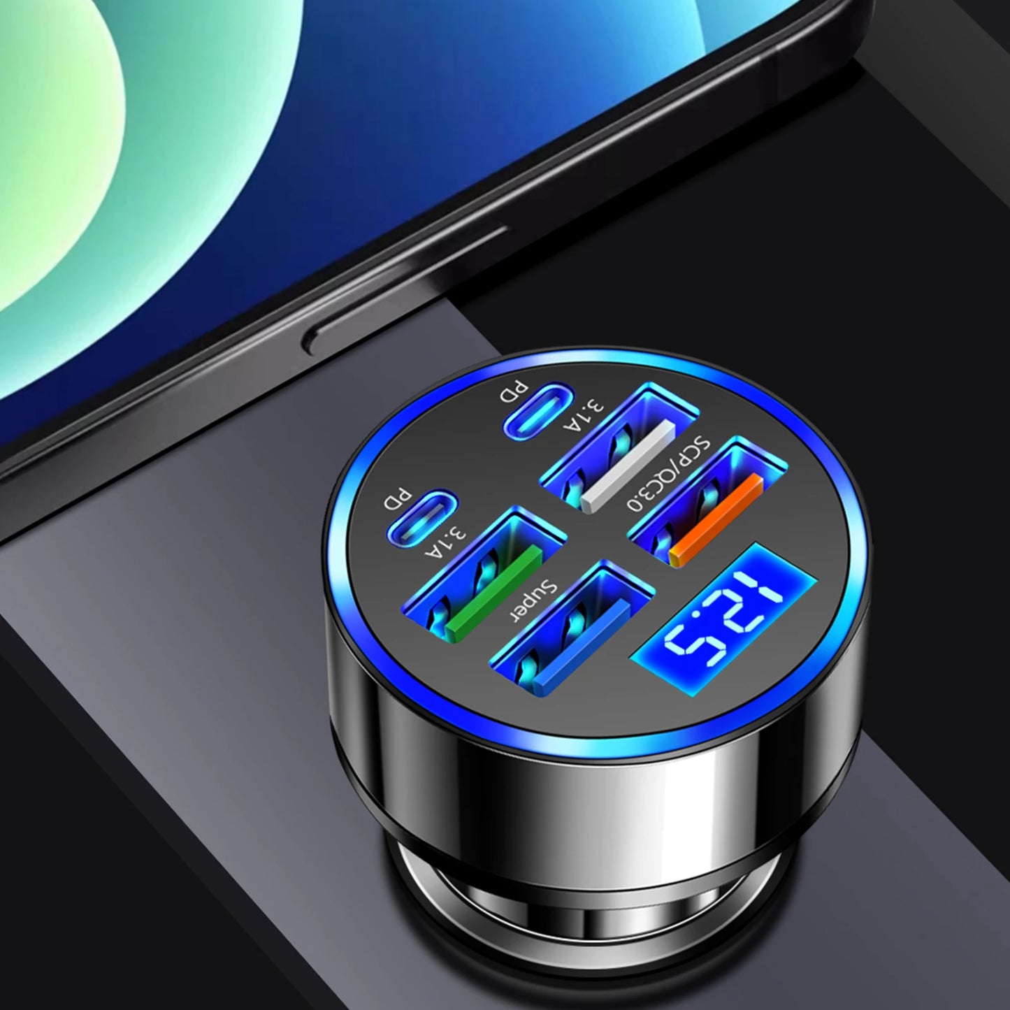 100W 6 Ports Cigarette Lighter Adapter 4USB 2PD Car Charger Adapter Fast Charger for Cell Phones Tablets and Other USB Devices
