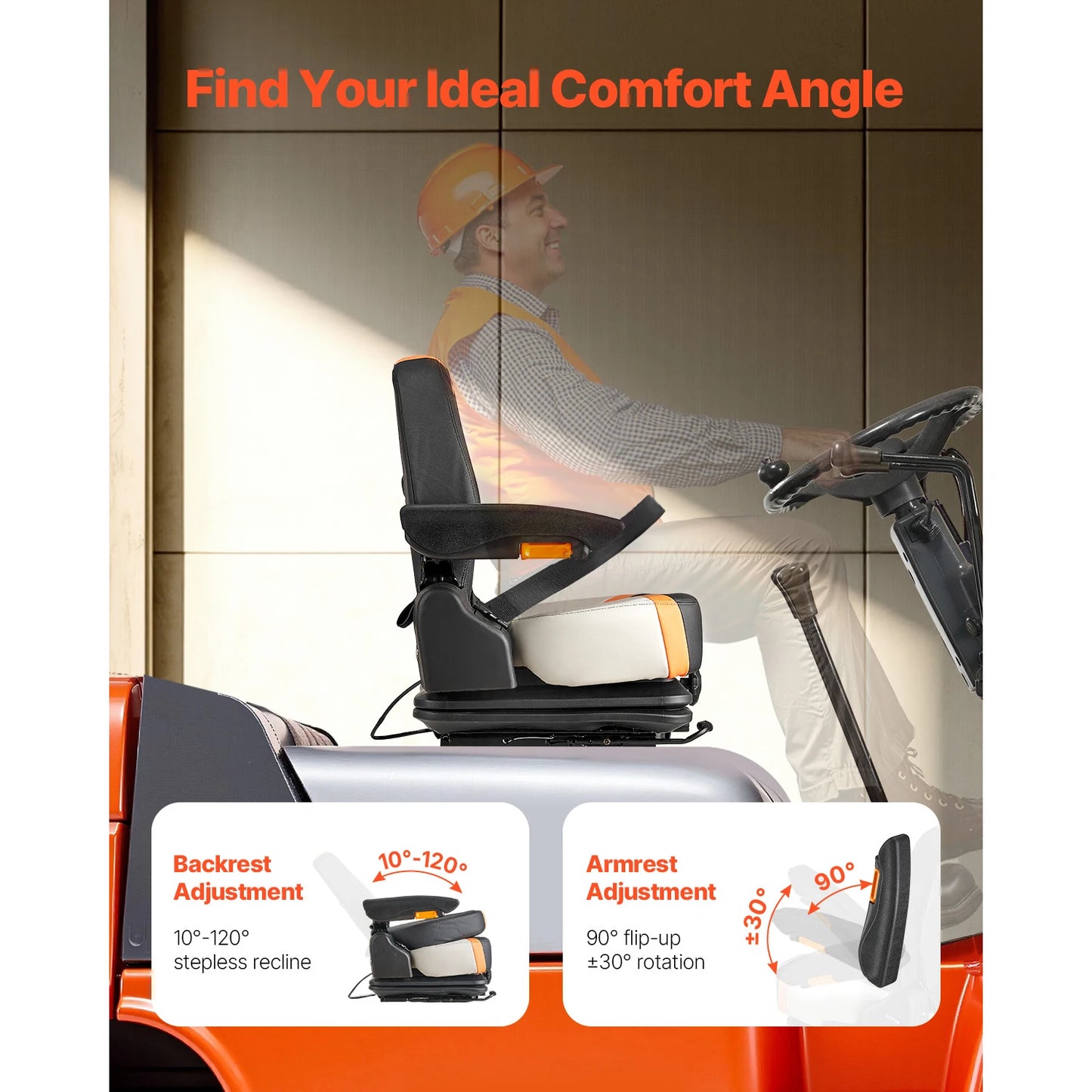 SucceBuy Universal Forklift SeatTractor Suspension Seat w/ Back Armrest Safety Secure Fold Down Tractor Skid Loader Bulldozer.