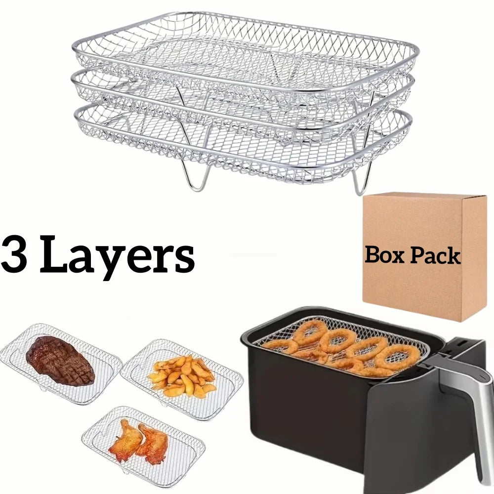 1/3Layer Stainless Steel Air Fryer Accessories Stackable BBQ Grill Rack Food Frying Basket Multipurpose for Baking Cooking Tool