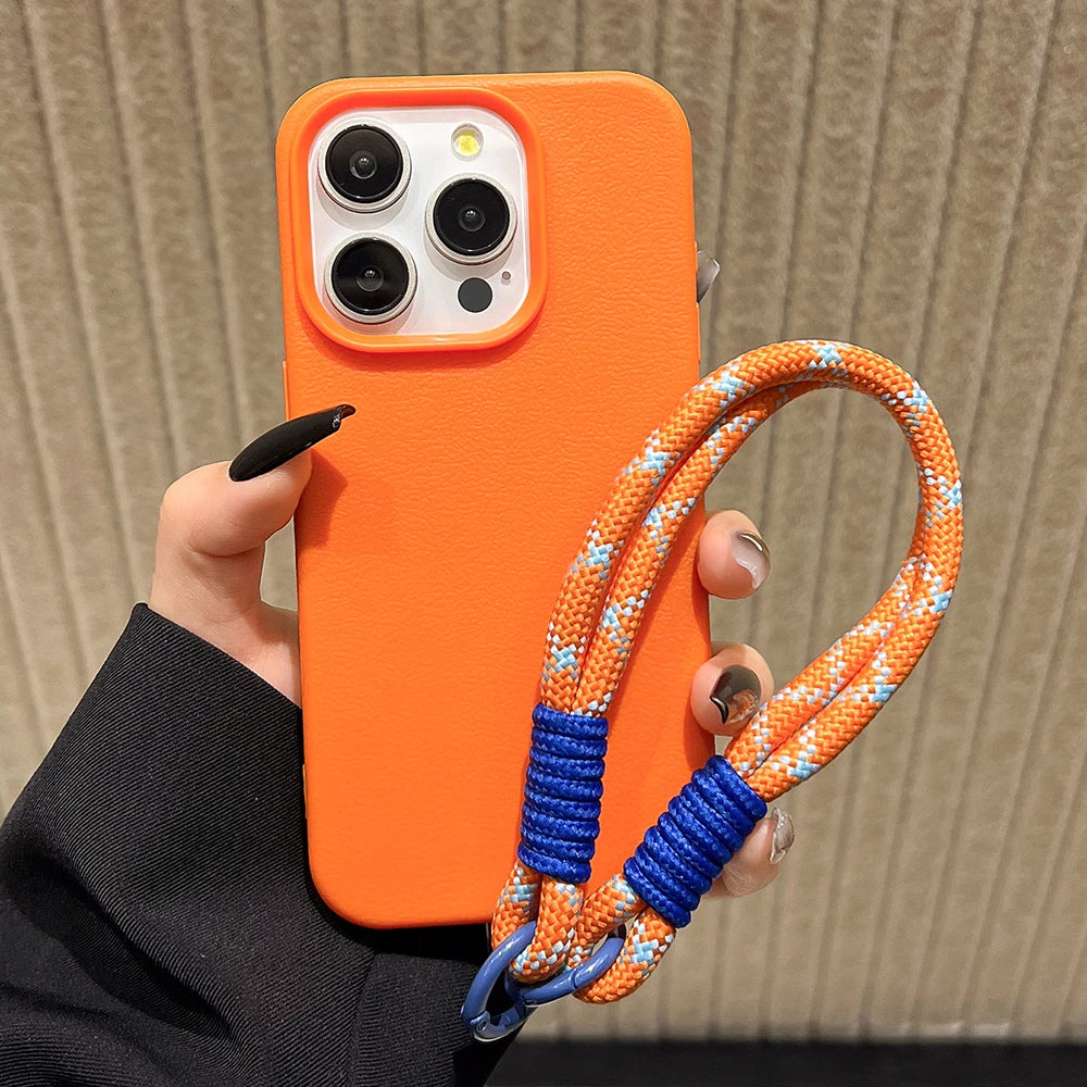Lanyard Strap Rope Silicone Phone Case For iPhone 13 17 11 15 12 14 16 Pro Max Soft Candy Color Lichee Pattern Leather Cover