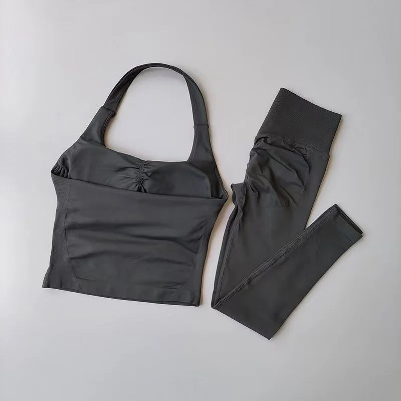2 Piece Sports Gym Set Strappy Bra Yoga Underwear Short Sport Leggings Bicycle Running Sportswear Woman Seamless Yoga Set