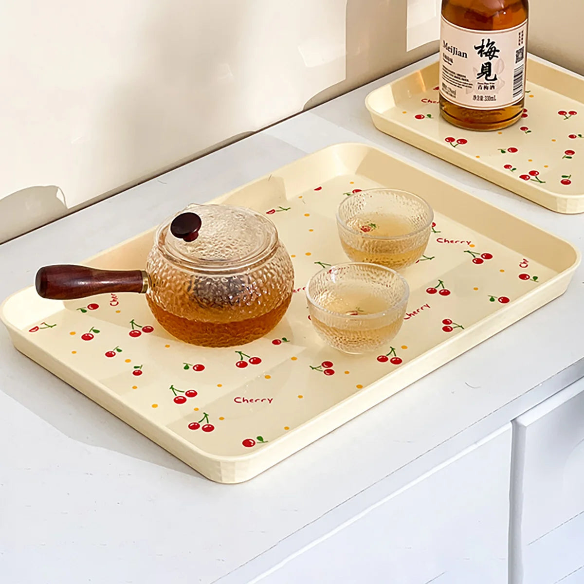 WORTHBUY Multifunctional Plastic Serving Tray Cherry Pattern Fruit Dessert Plates Kitchen Organizer Perfume Jewelry Storage Tray