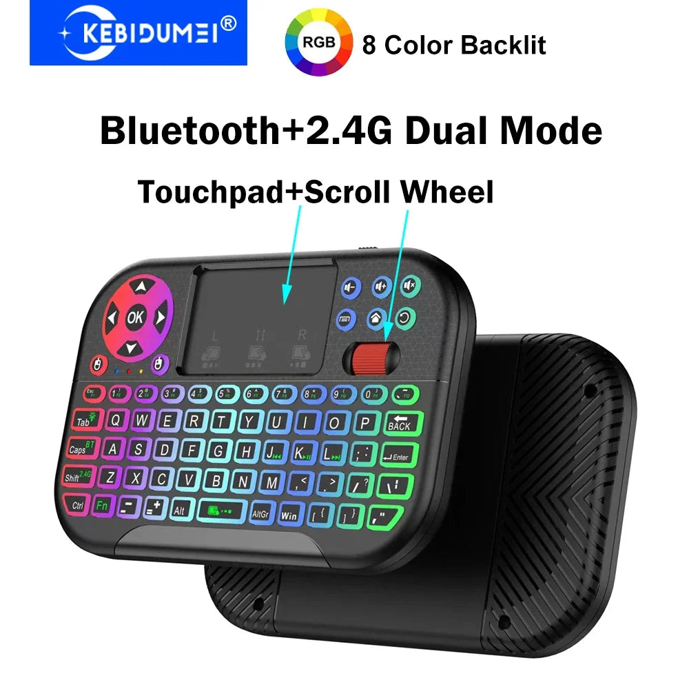 KEBIDUMEI Mini Wireless Keyboard with Scroll Wheel Touchpad  8 Color Backlit BT 2.4G Dual Mode Air Mouse Remote for PC TV Box