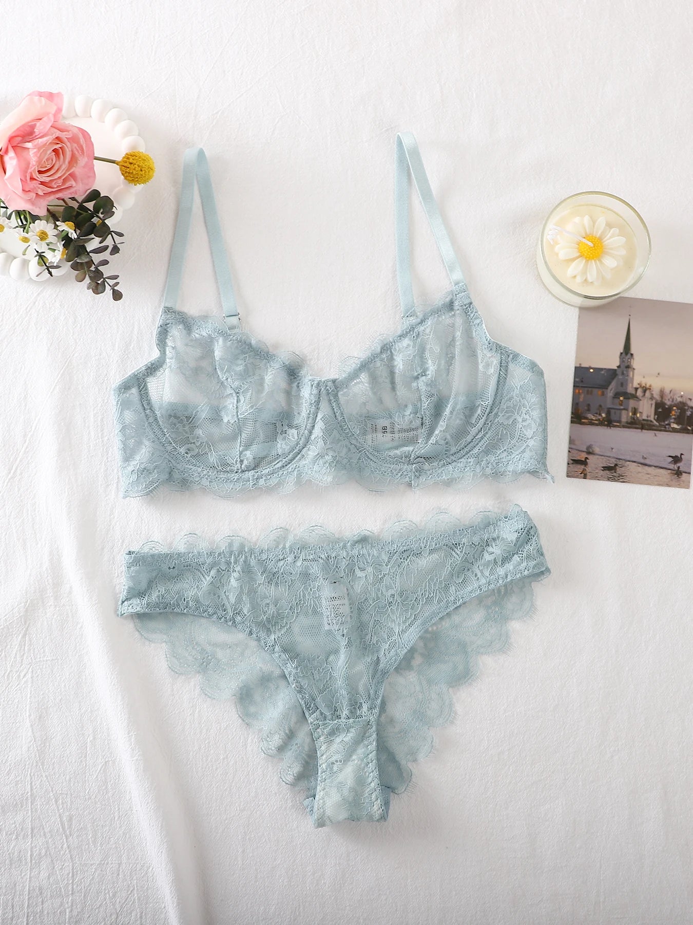 2-Piece Set - Lace Bra + Panties Set - See-Through Lace Lingerie Set  - Lace Women's Lingerie Set - Sexy Lingerie Set