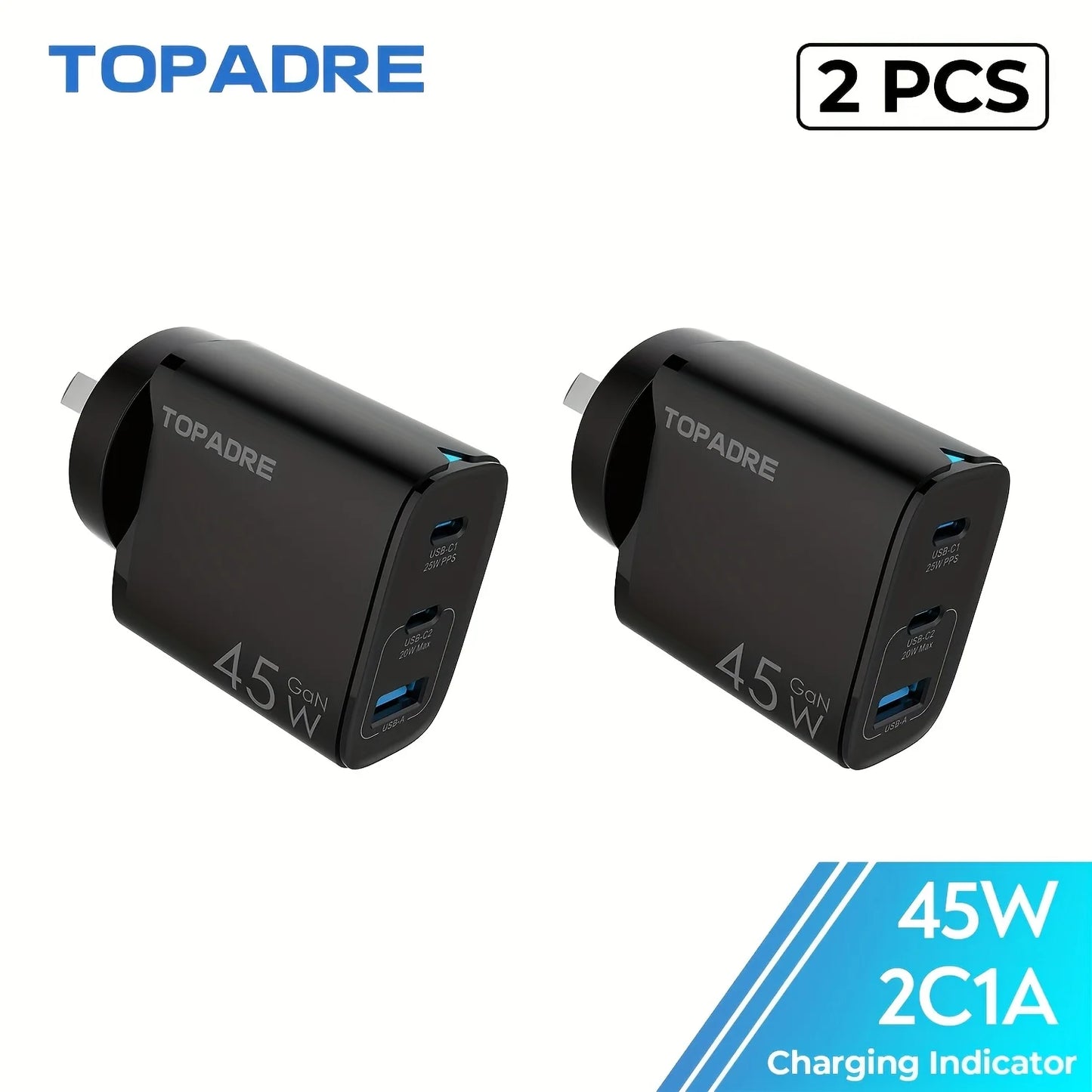 TOPADRE 45W GaN Charger 3ports PD 3.0 USB C Phone Charger For iPhone 17 16 15 Pro Samsung S25 Xiaomi Tablet iPad Air