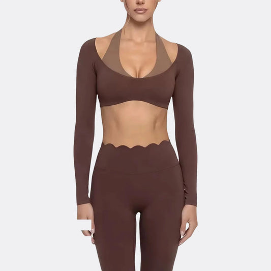 Women's Fake Two-Piece Sports Long Sleeve Halter Neck Pilates Yoga Shirt Slim Fit Fitness Sports Top Leggings Workout Tights