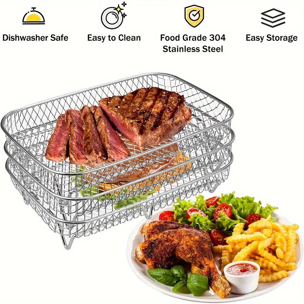 1/3Layer Stainless Steel Air Fryer Accessories Stackable BBQ Grill Rack Food Frying Basket Multipurpose for Baking Cooking Tool