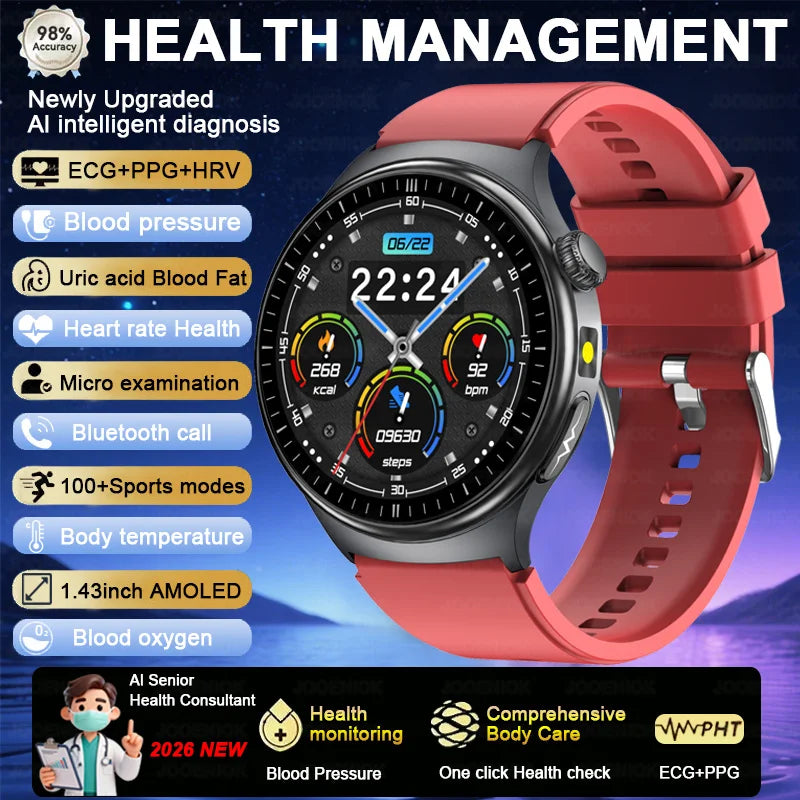 2026 Fashion New Expert level Health Smart Watch Men ECG+PPG Laser Monitor Uric Acid Blood Fat Blood Pressure HD Call Smartwatch