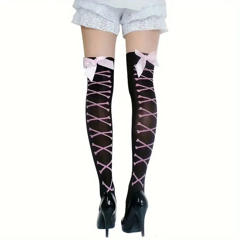 Bow Decor Thigh High Stockings Mesh Thin Over The Knee Socks Cosplay Soft Sexy Women Stockings Hosiery