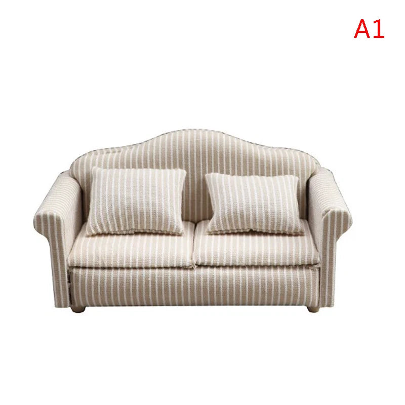 Mini Dollhouse Furniture Sofa with Pillow Set Simulation 1:12 Miniature Living Room Kids Pretend Play DIY Doll House Decor