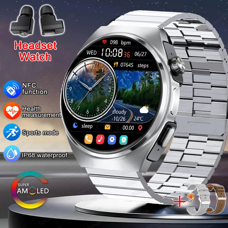 2026 New Man Smart Watch TWS Headset Two In One Wireless Bluetooth Dual Earbuds Call Health Monitor Sport Tracker NFC Smartwatch
