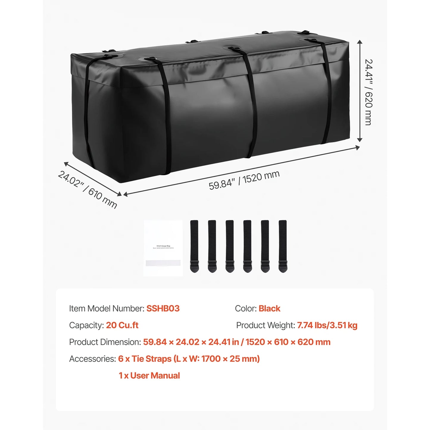 SucceBuy Hitch Cargo Carrier Bag Waterproof 840D PVC 57.48 x 19.49 x 23.82 in Heavy Duty Cargo Bag for Truck Bed Storage for Car
