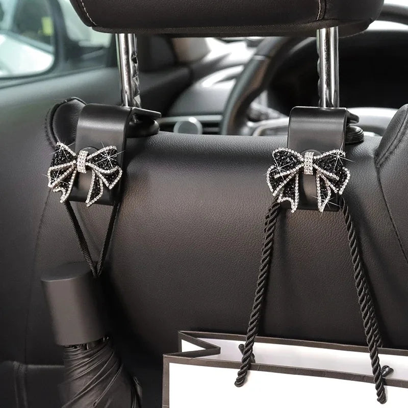 1/2pcs Cute Safety Seat Hooks Vehicle Head Holder Organizer Grocery Hanger Bag Car Accessories Dimond Bow Hooks Storage Supplies
