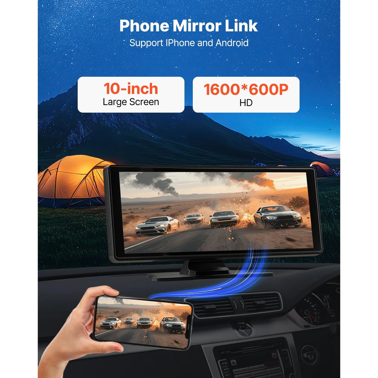 SucceBuy Wireless Car Stereo 10In HD Portable Radio Touch CarPlay Screen with Voice Control Mirror Link Bluetooth GPS Navigation
