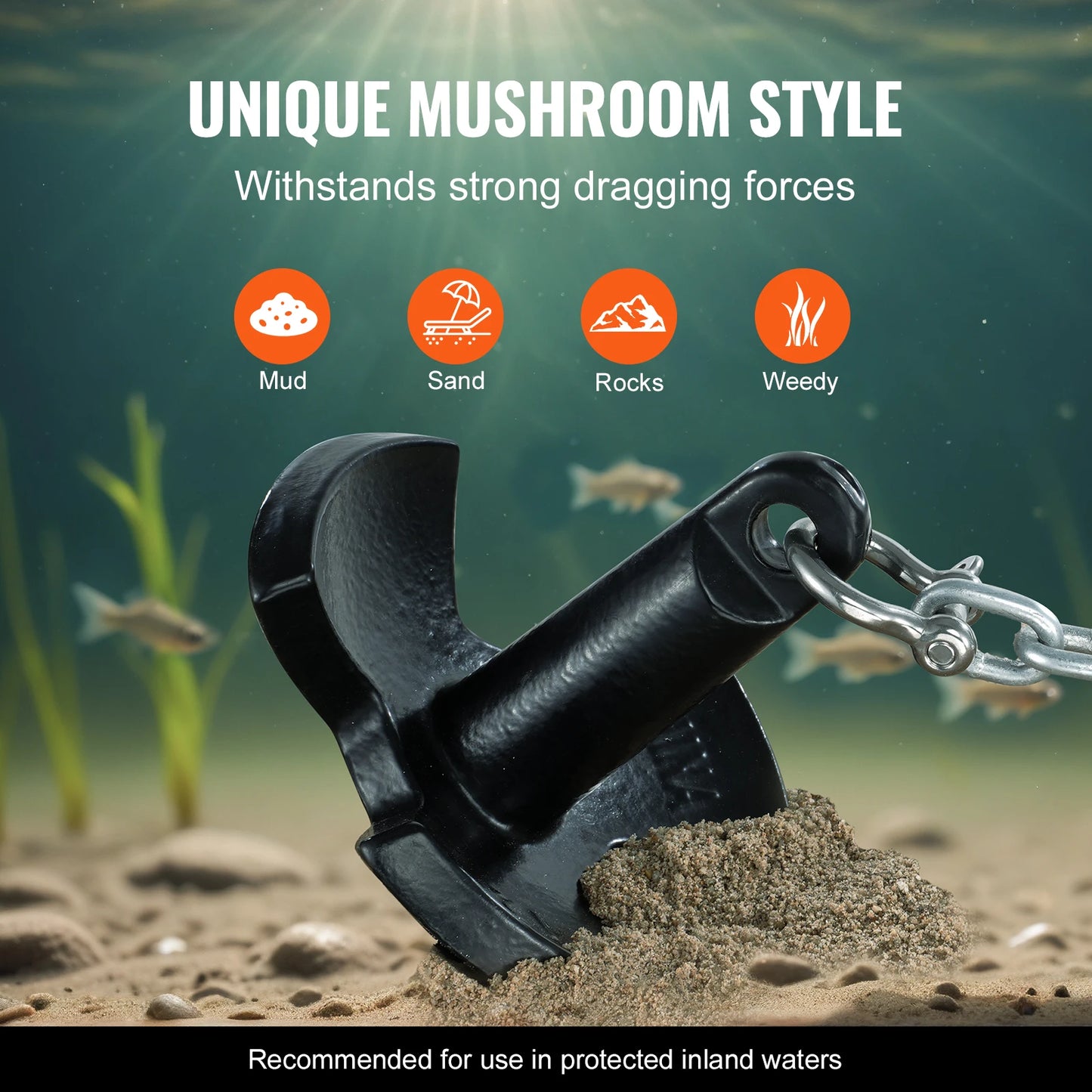 SucceBuy River Anchor 12 lbs Boat Anchor Cast Iron Black Vinyl-Coated with Shackle, Mushroom Anchor Fit for Boats Up To 10 ft