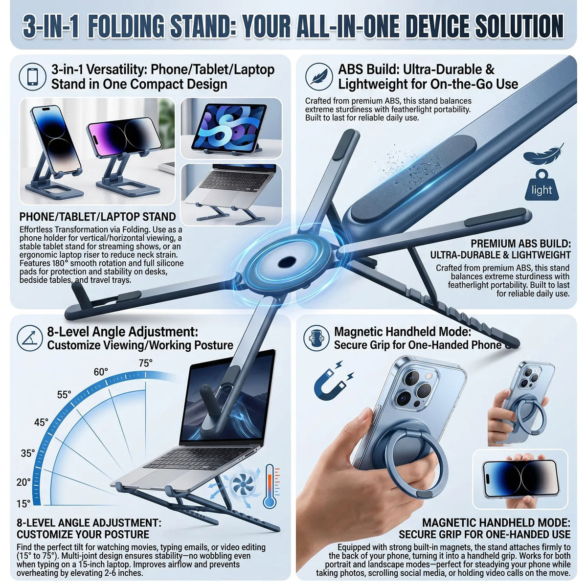 ABS Phone And Laptop Stand with Magnetic Base And 8-Position Height Adjustment, Suitable for Ipad And Mobile Phones