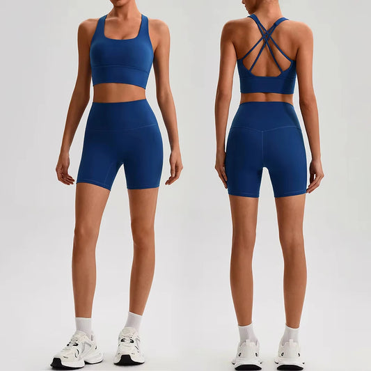 Buttery Soft Nylon Yoga Set Crisscross Back Sports Bra High Waist Biker Shorts 2 Piece Gym Set Workout Outfit Women Activewear