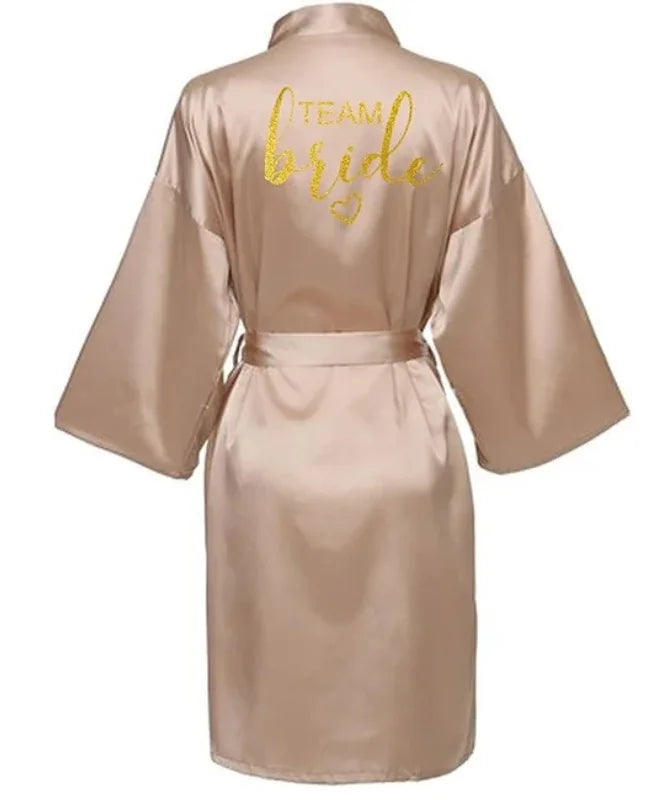 Wedding Party Team Bride Robe Kimono Satin Pajamas Bridesmaid Bathrobe Gold Letter SP093