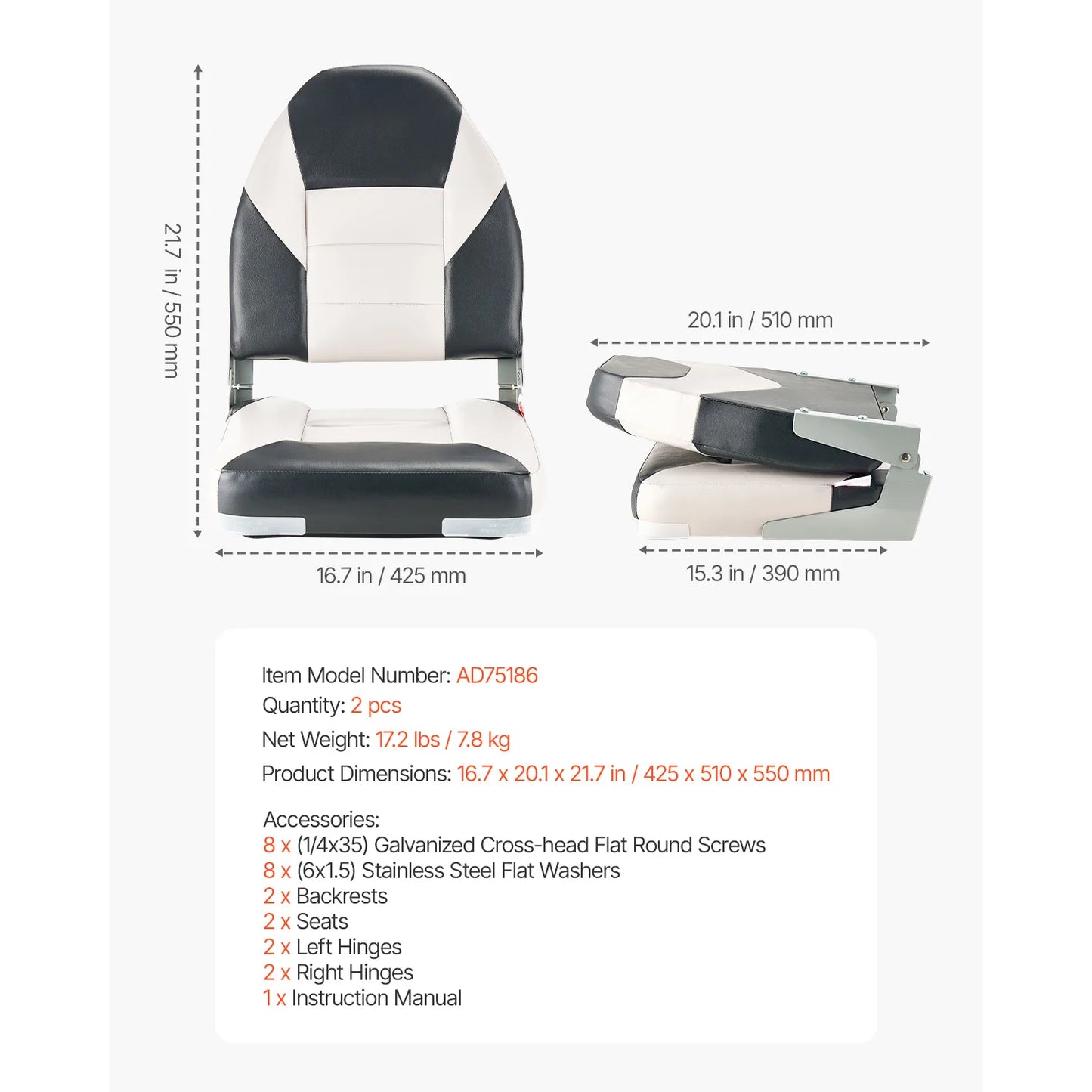 SucceBuy Boat Seat High Backrest Folding Fishing Boat Seat with Aluminum Alloy Hinges Flip Up Boat Seat for Boats, Yachts, Ships