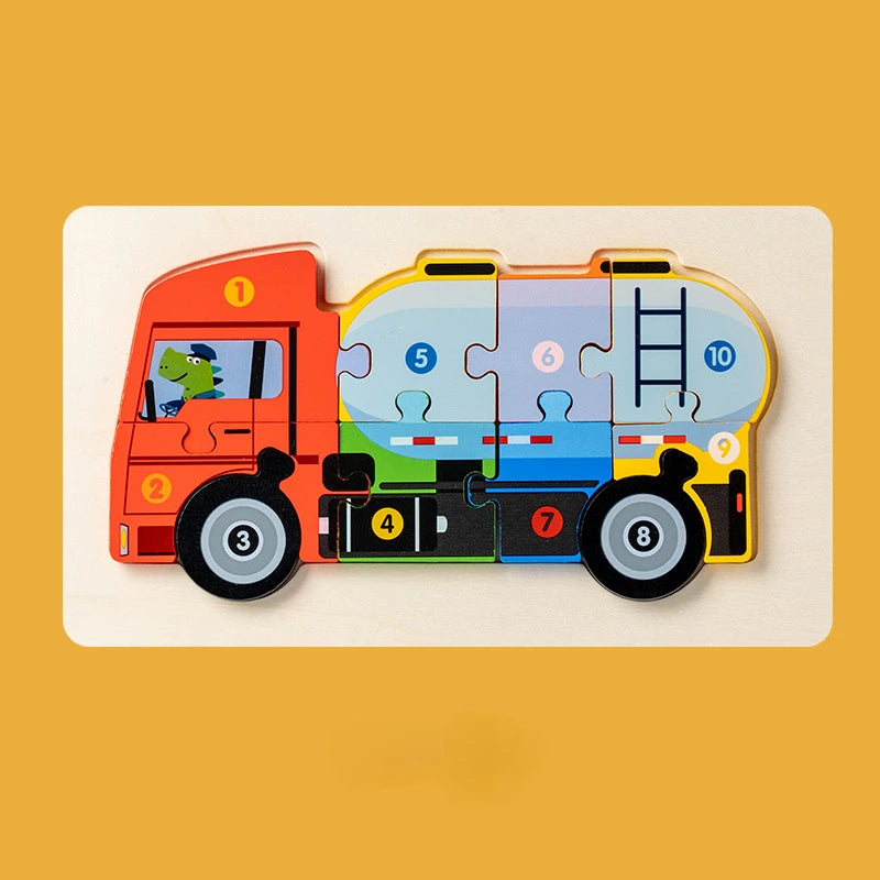 Children Montessori Wooden Puzzle Baby 3D Engineering Vehicle Jigsaw Early Education Matching Cognitive Puzzles Toys for Kids