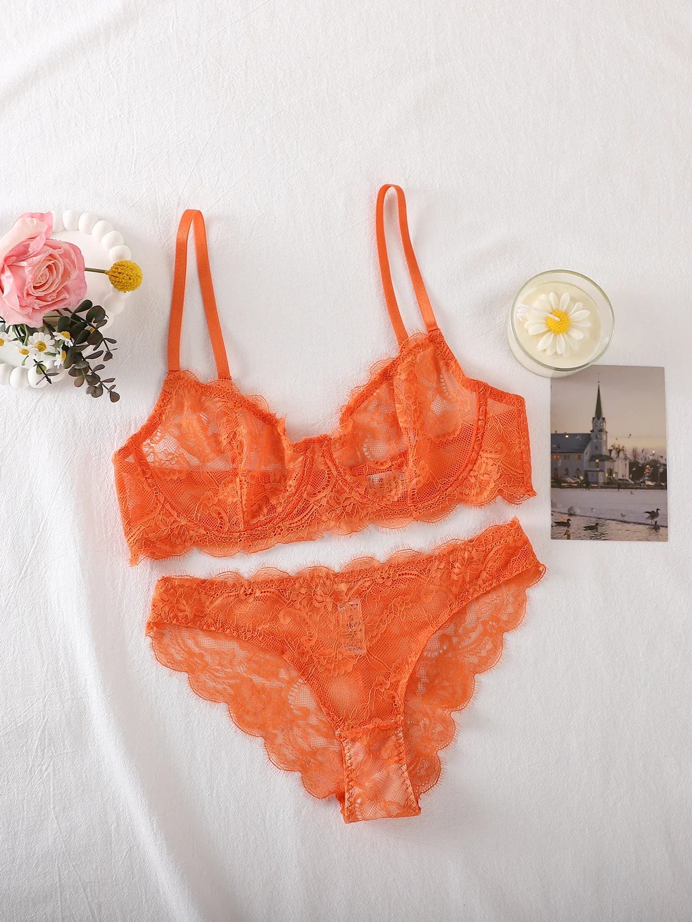 2-Piece Set - Lace Bra + Panties Set - See-Through Lace Lingerie Set  - Lace Women's Lingerie Set - Sexy Lingerie Set