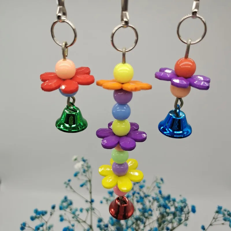 Bird Toys Parrot Chew Toy Bell Pendant Colorful Round Bead Flower String Toy For Parrot Birdcage Accessories Random Color