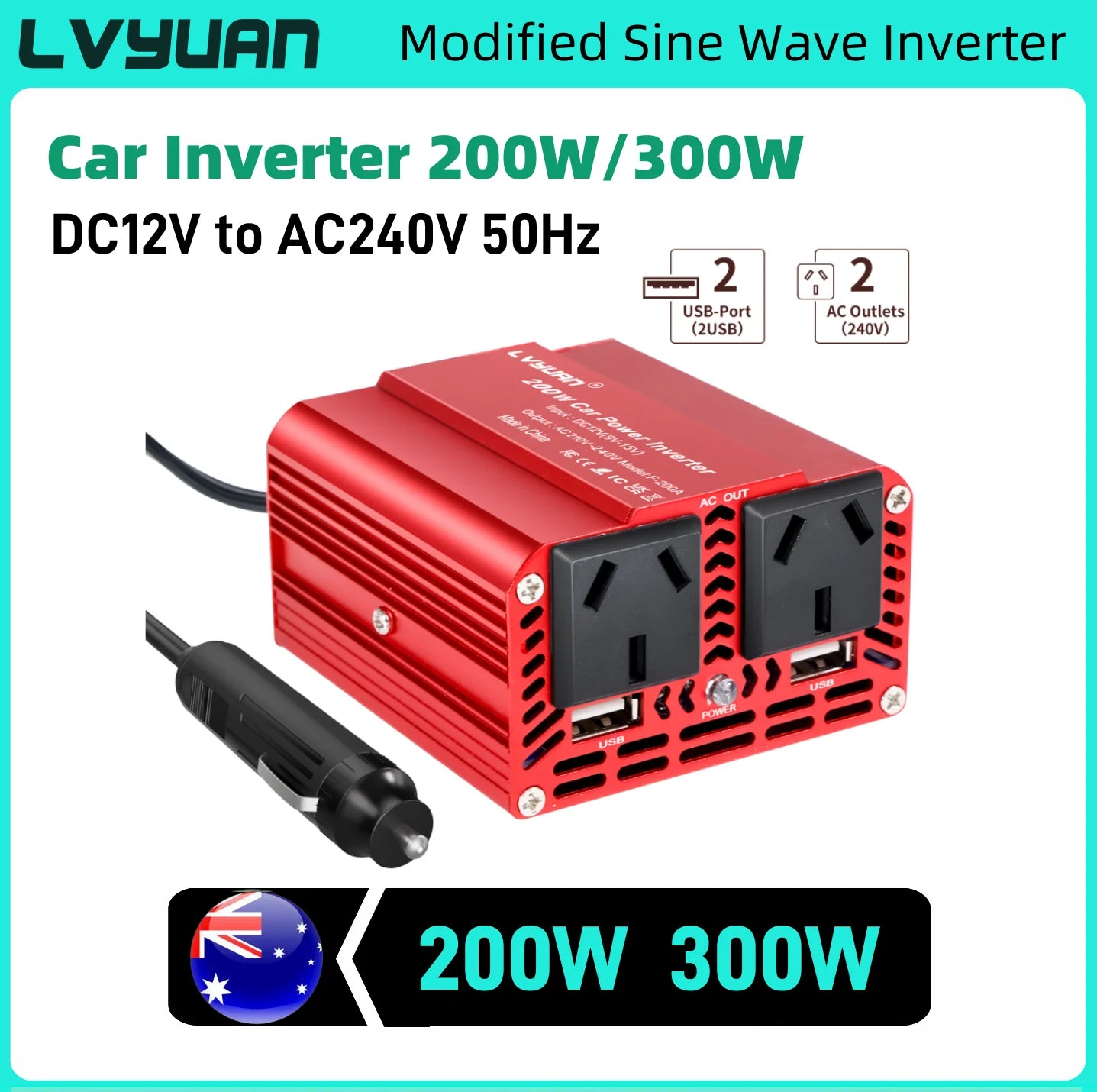 Car Inverter 300W 200W Portable 12V 220V 240V converter For Car Cigarette Lighters Fast Charging USB Output for Phone/PC/Camera