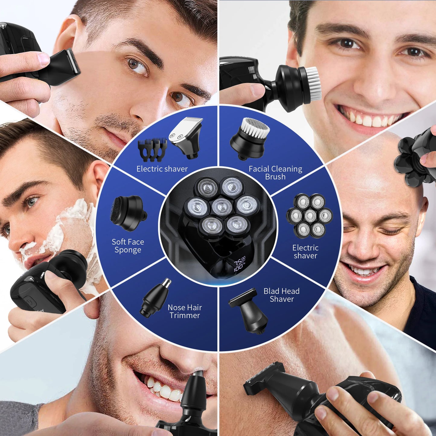 Head shavers for Bald Men 5-in-1 Men's Grooming Kit, 7D Rotary Electric Head Shaver, IPX6 Waterproof Wet/Dry  Wireless Rechargeable