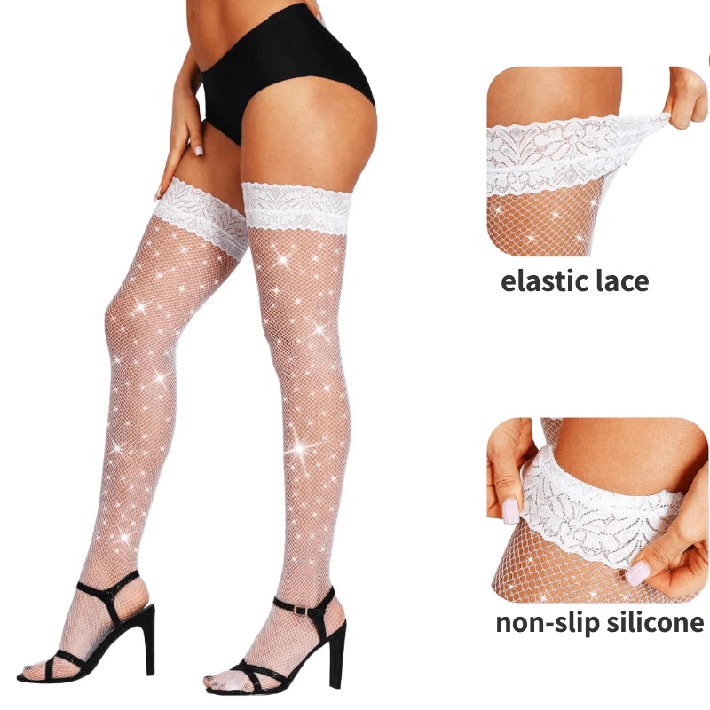 Popular Women Non Slip Silicone Sparkly Rhinestone Stockings Fishnet Thigh High Socks Girls Lace Top Hosiery Stay Up Stocking