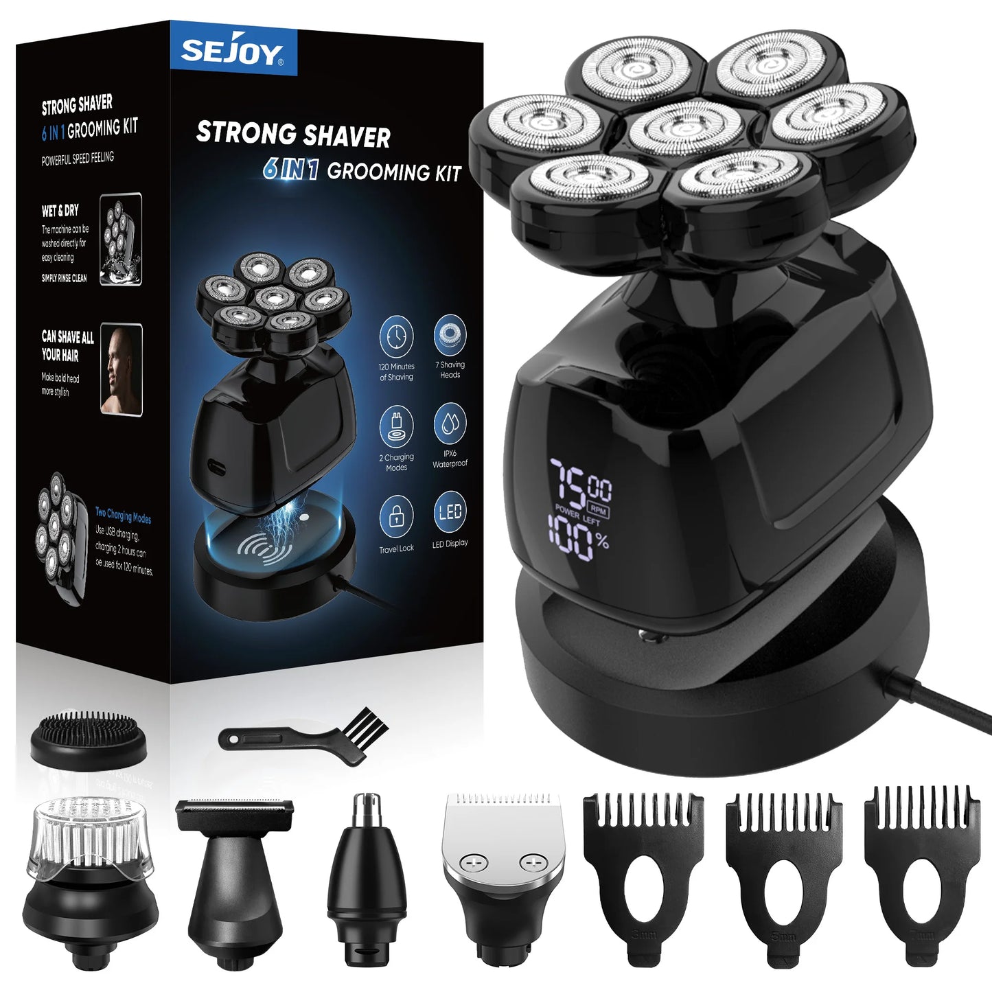 Head shavers for Bald Men 5-in-1 Men's Grooming Kit, 7D Rotary Electric Head Shaver, IPX6 Waterproof Wet/Dry  Wireless Rechargeable