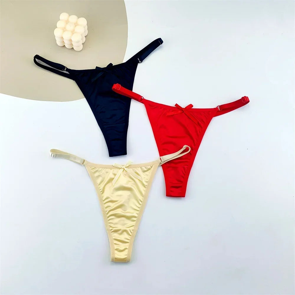 3PCS Adjustable Satin Thong Women Sexy G-string Underwear Low Waist T Back Peach Buttocks Tempting Sexy Bow Lingerie