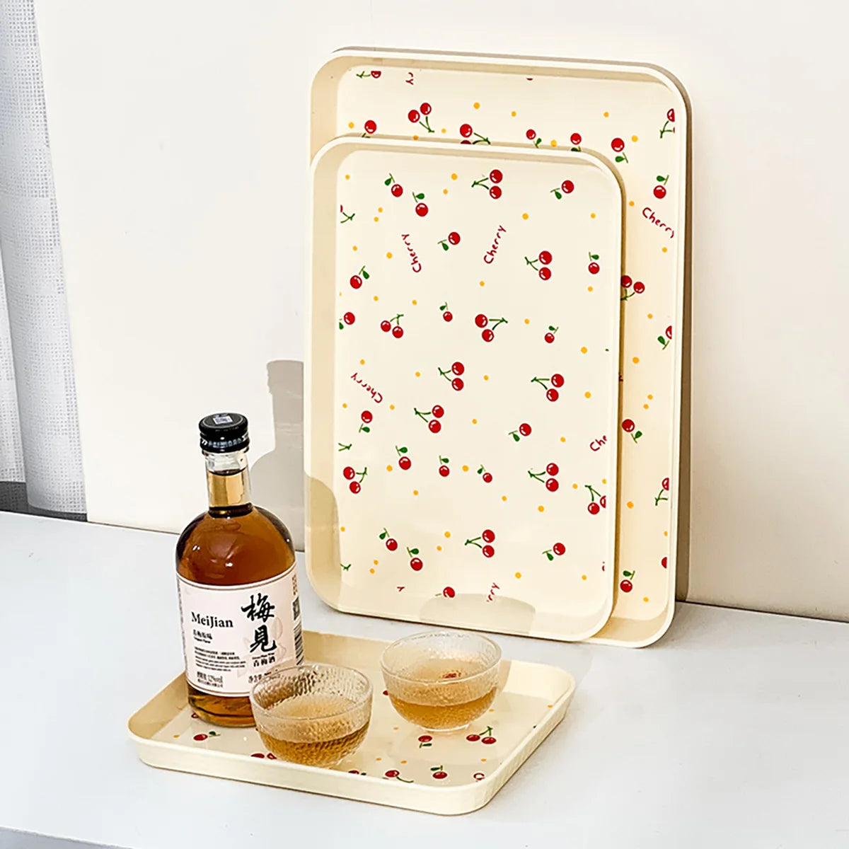 WORTHBUY Multifunctional Plastic Serving Tray Cherry Pattern Fruit Dessert Plates Kitchen Organizer Perfume Jewelry Storage Tray