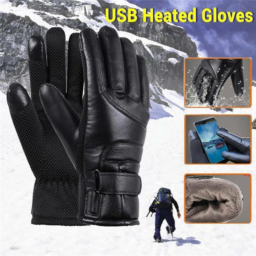 Leather Thermal Heated Gloves Waterproof Outdoor Electric Heating Gloves Touchscreen Hand Warmer for Hiking Skiing Fishing