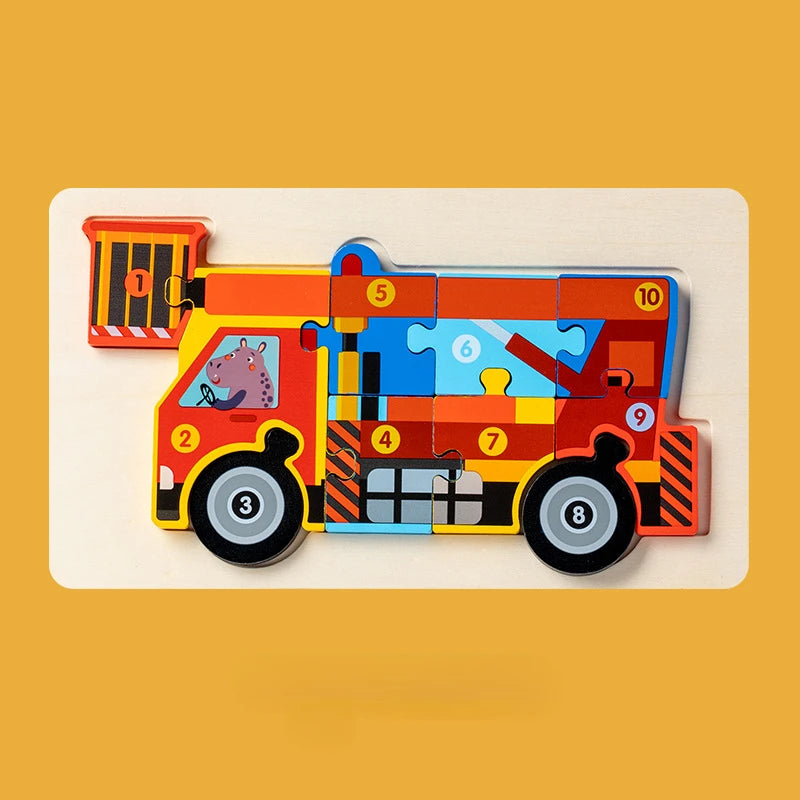 Children Montessori Wooden Puzzle Baby 3D Engineering Vehicle Jigsaw Early Education Matching Cognitive Puzzles Toys for Kids