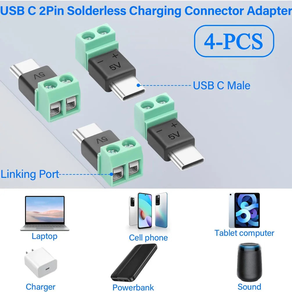 5PCS TypeC to 2 Pin Adapter No Solder Quick Connect Green Terminal for Charging Cable Phone Power Bank DIY Electronics Connector