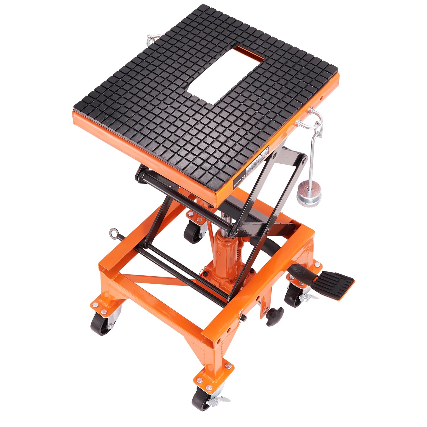 SucceBuy Hydraulic Motorcycle Lift Table 350 LBS Capacity Motorcycle Scissor Jack Lift with Wide Deck J-hooks 4 WheelsHydraulic