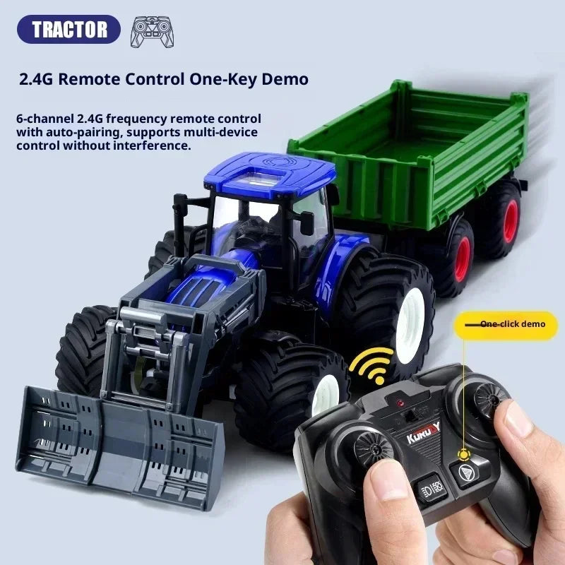 1:24 Scale Remote-Controlled Tractor Toy Alloy Electric Farm Truck with Headlights RC Car Set for Kids Birthday Christmas Gifts