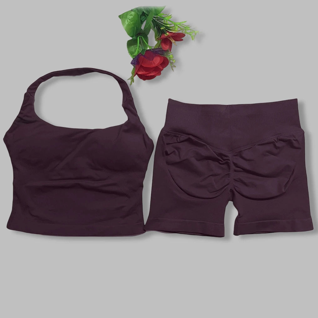 yoga outfits Women 2 pcs Sports DF Impact Set halterneck Backless Halter Top Seamless Scrunch Shorts Gym Workout Sports Suits