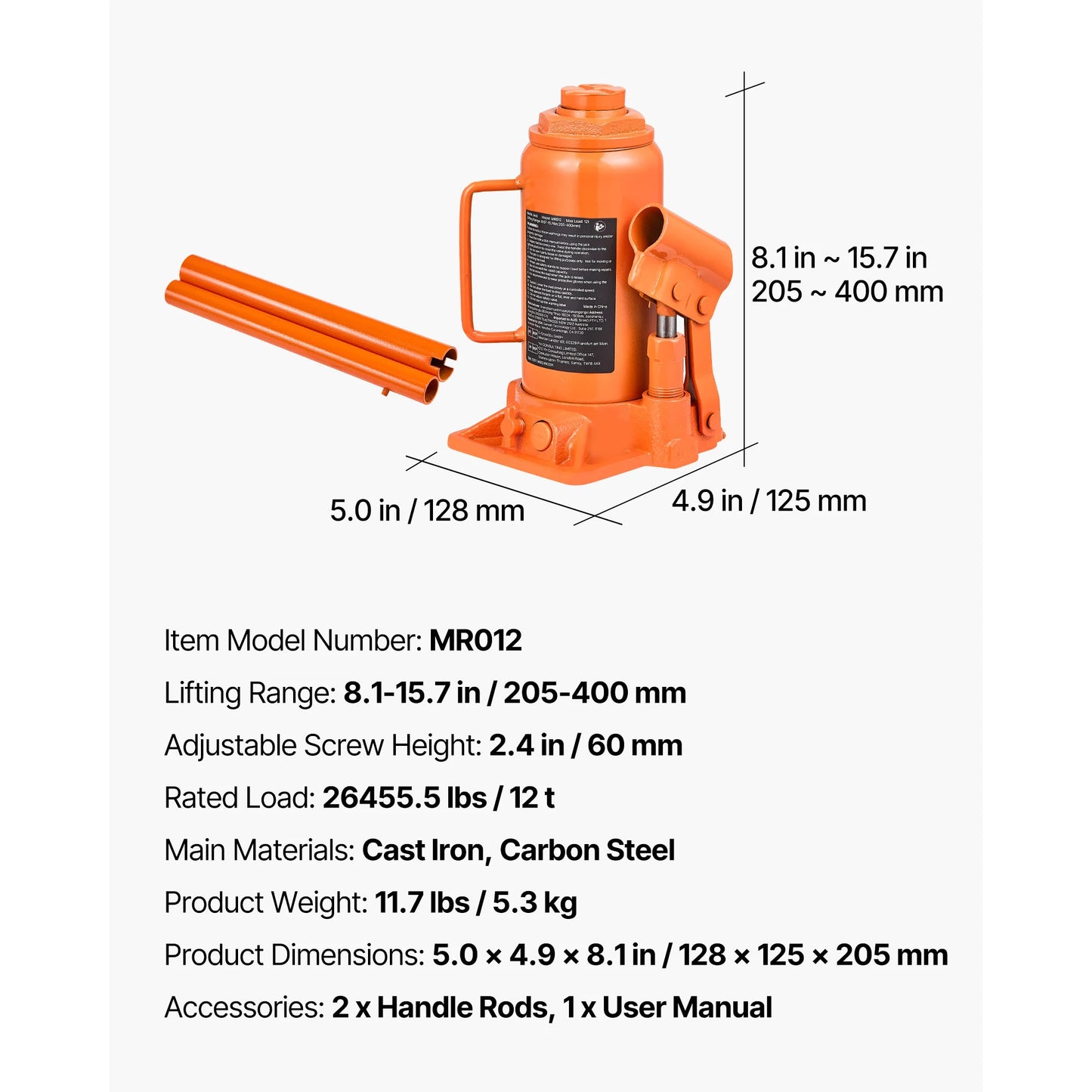 SucceBuy 12/20 Ton Hydraulic Bottle Jack 8.1-15.7 in/8.9-17.1 in Lifting Range Welded Bottle Jack for Car SUV Pickup Auto Repair