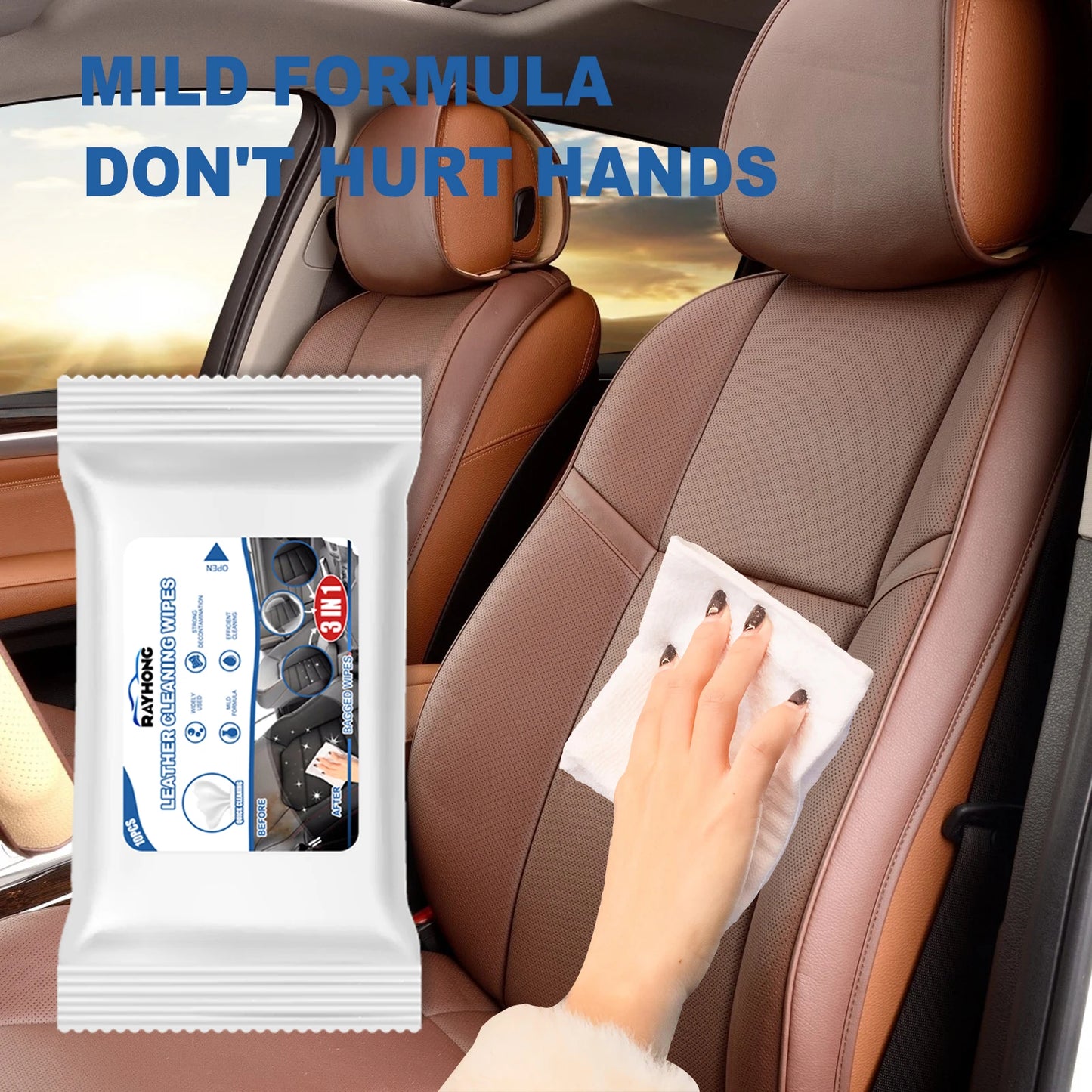 Rayhong 3in1 Interior Car Cleaning Wipes for Dashboard Cleaner Plastic Steering Wheel Screen Quick Detailer Auto Interior 10PCS