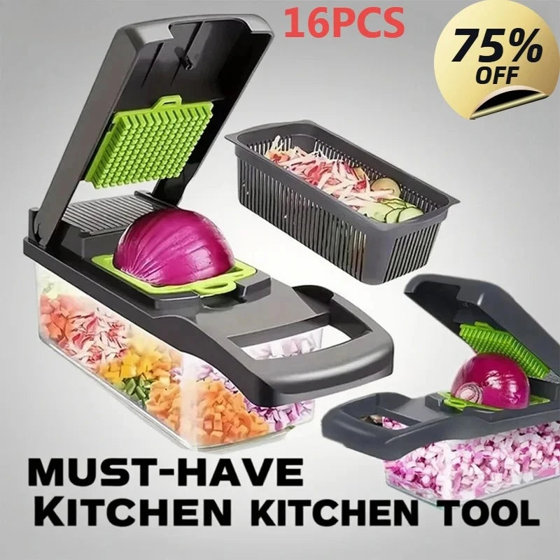 Hot 16Pcs Set Vegetable Chopper Onion Chopper With Handle Ideal For Food Grating Slicing Dicing And Shredding In Kitchen