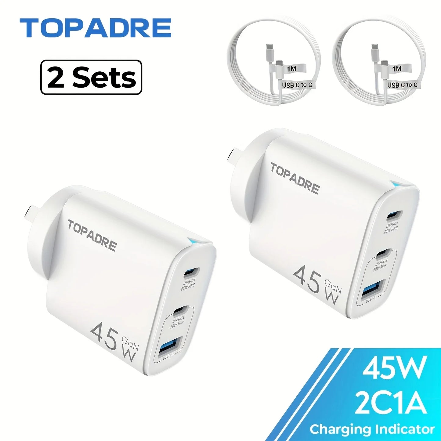 TOPADRE 45W GaN Charger 3ports PD 3.0 USB C Phone Charger For iPhone 17 16 15 Pro Samsung S25 Xiaomi Tablet iPad Air